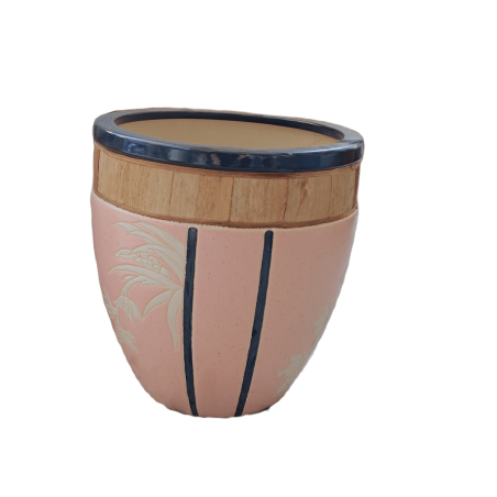 Σετ Κεραμική Ψηλή Γλάστρα 3τμχ -Ροζ με Ξύλινη Μπορντούρα-MaShop.gr