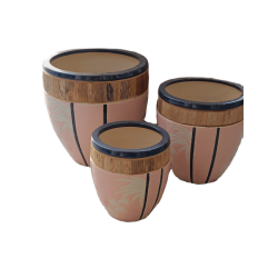 Σετ Κεραμική Ψηλή Γλάστρα 3τμχ -Ροζ με Ξύλινη Μπορντούρα-MaShop.gr