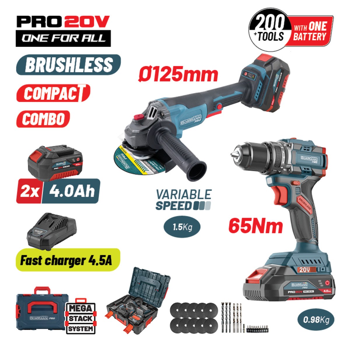 Σετ Compact Brushless Κρουστικό Δραπαν/βιδο 65Νm & Γωνιακός Τροχός, ΒMC BORMANN Pro BBP5433X44T2CA -MaShop.gr